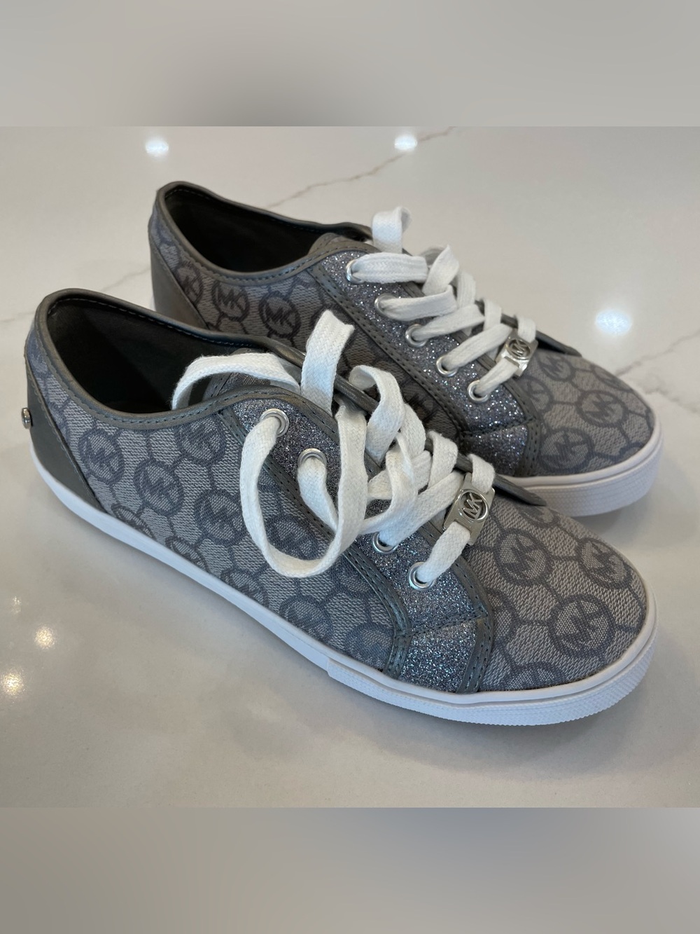 Michael Kors Gray Logo Glitter Lace-Up Sneakers